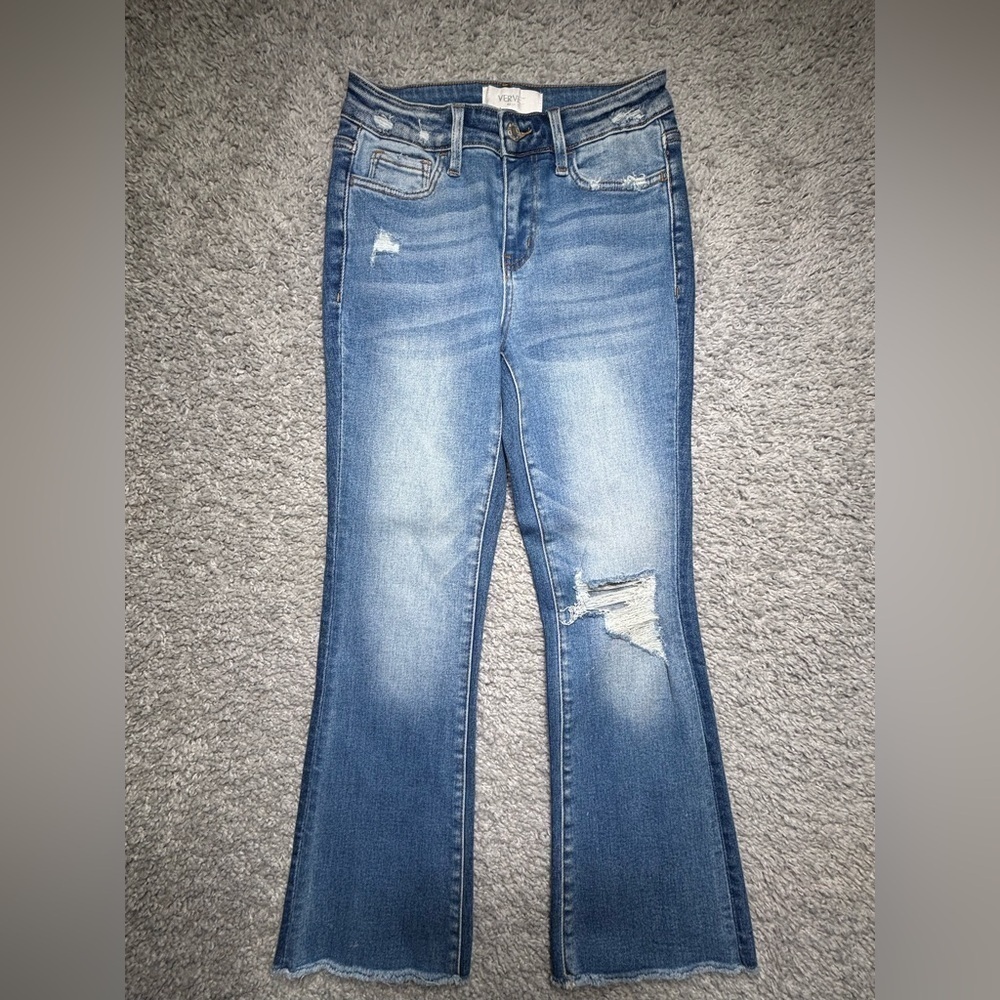 Vervet Jeans Womens 24 Flare High Rise Light Wash Distressed Faded Raw Hem Fray